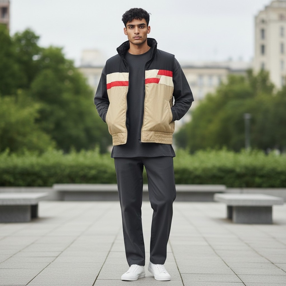 Vintage Shipton Sportswear Puffer Vest Mens‎ Large Colorblock Black Tan Red Zip
